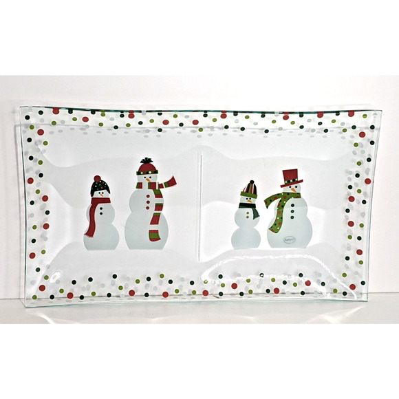 Pampered Chef Snowman-Dots Divided Platter Glass #3012 New Open Box 13.5 x 7.5" - Picture 1 of 4